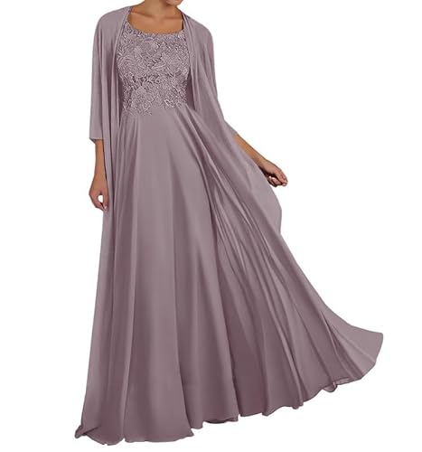 TANPAUL Spitze Chiffon Brautmutterkleider mit Jacke Langarm Rundhalsausschnitt Abendkleid Mauve 46 von TANPAUL