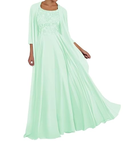 TANPAUL Spitze Chiffon Brautmutterkleider mit Jacke Langarm Rundhalsausschnitt Abendkleid Minze 50 von TANPAUL