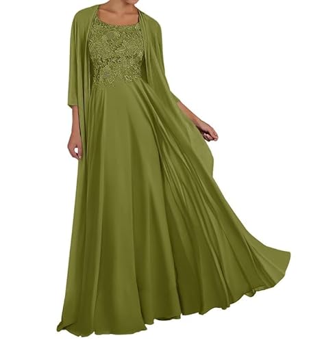 TANPAUL Spitze Chiffon Brautmutterkleider mit Jacke Langarm Rundhalsausschnitt Abendkleid Oliv 50 von TANPAUL