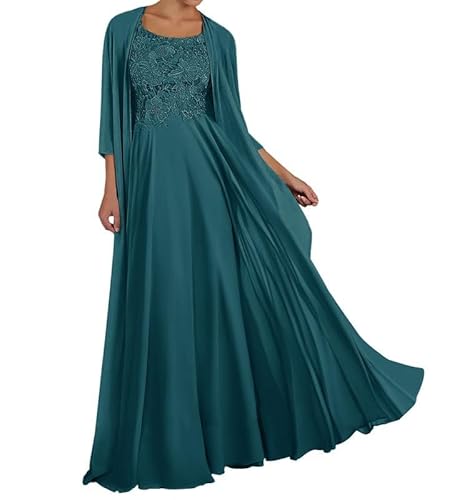 TANPAUL Spitze Chiffon Brautmutterkleider mit Jacke Langarm Rundhalsausschnitt Abendkleid Pfau 42 von TANPAUL