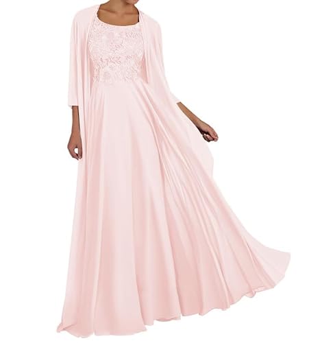 TANPAUL Spitze Chiffon Brautmutterkleider mit Jacke Langarm Rundhalsausschnitt Abendkleid Rosa 40 von TANPAUL