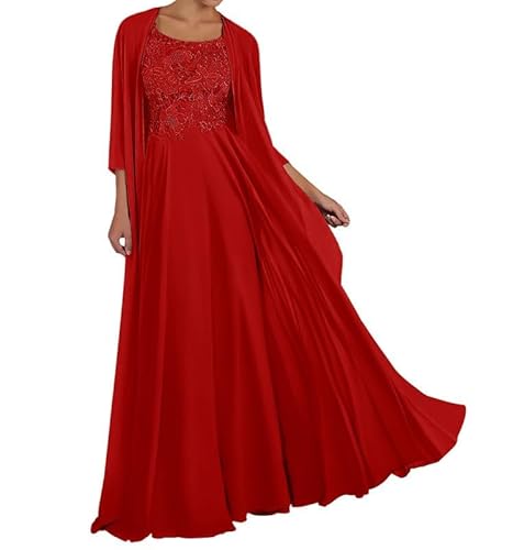 TANPAUL Spitze Chiffon Brautmutterkleider mit Jacke Langarm Rundhalsausschnitt Abendkleid Rot 38 von TANPAUL