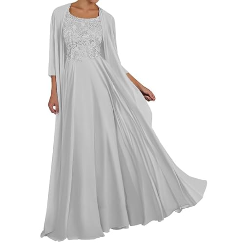 TANPAUL Spitze Chiffon Brautmutterkleider mit Jacke Langarm Rundhalsausschnitt Abendkleid Silber 52 von TANPAUL