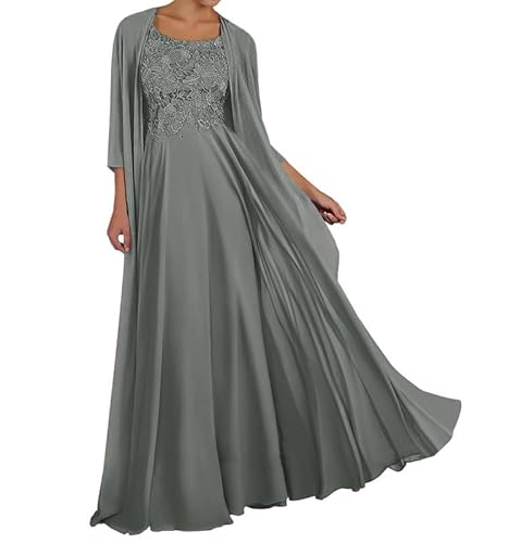 TANPAUL Spitze Chiffon Brautmutterkleider mit Jacke Langarm Rundhalsausschnitt Abendkleid Stahlgrau 46 von TANPAUL