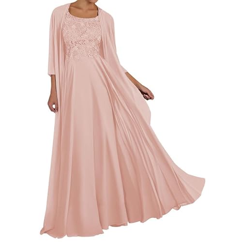 TANPAUL Spitze Chiffon Brautmutterkleider mit Jacke Langarm Rundhalsausschnitt Abendkleid Staubige Rose 42 von TANPAUL