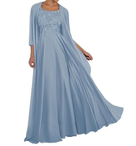 TANPAUL Spitze Chiffon Brautmutterkleider mit Jacke Langarm Rundhalsausschnitt Abendkleid Staubiges Blau 40 von TANPAUL