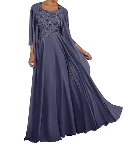 TANPAUL Spitze Chiffon Brautmutterkleider mit Jacke Langarm Rundhalsausschnitt Abendkleid Stürmisches Blau 40 von TANPAUL