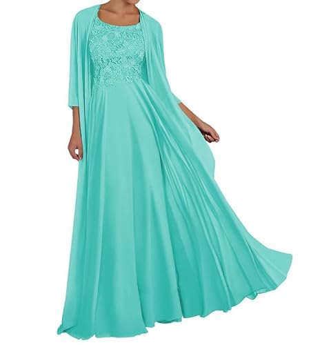 TANPAUL Spitze Chiffon Brautmutterkleider mit Jacke Langarm Rundhalsausschnitt Abendkleid Türkis 52 von TANPAUL