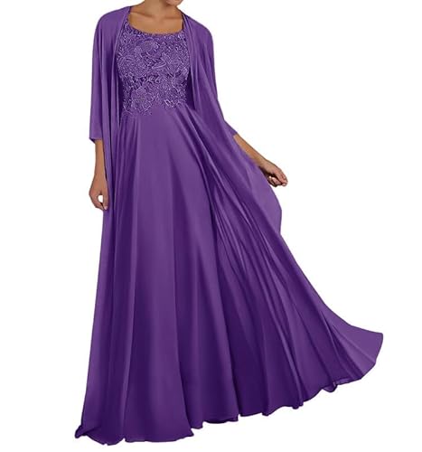 TANPAUL Spitze Chiffon Brautmutterkleider mit Jacke Langarm Rundhalsausschnitt Abendkleid Violett 52 von TANPAUL