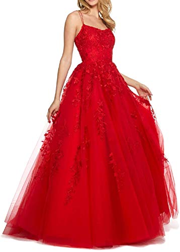 TANPAUL Spitzen Abendkleider Träger Kleider A-Linie Lang V-Ausschnitt Cocktailkleid Ballkleid Prinzessin Damen Spaghettiträger Kleid Brautjungfernkleid Spitze Lang Rot 36 von TANPAUL