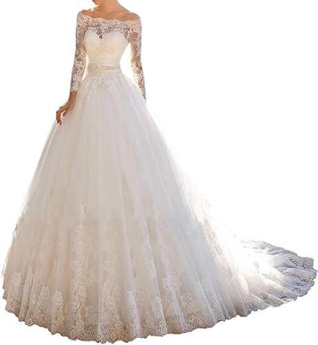 TANPAUL Spitzen Brautkleider A-Linie Lang Off Shoulder Hochzeitskleider Ballkleider Prinzessin Schulterfrei Langarm Brautkleid Spitzekleid Abendkleid Lang mit Schleppe Elfenbein 42 von TANPAUL