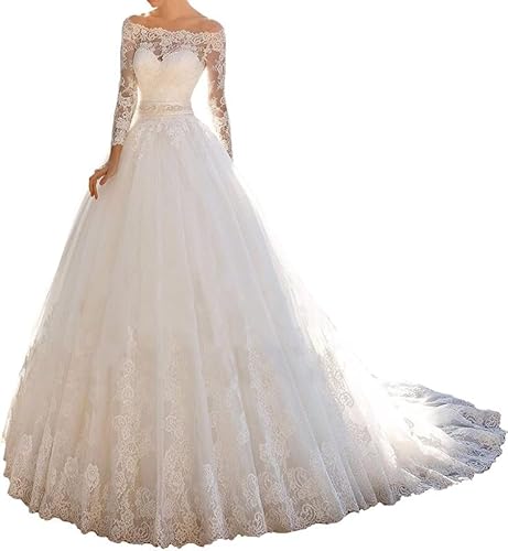 TANPAUL Spitzen Brautkleider A-Linie Lang Off Shoulder Hochzeitskleider Ballkleider Prinzessin Schulterfrei Langarm Brautkleid Spitzekleid Abendkleid Lang mit Schleppe Weiß 44 von TANPAUL