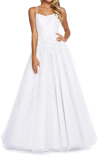 TANPAUL Spitzen Tüll Brautjungfernkleid Spaghettiträger V-Ausschnitt Abendkleider Weiß 42 von TANPAUL