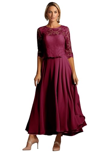 TANPAUL Teelänge Abendkleider Damen Chiffon A-Linie Brautmutterkleider 1/2 Ärmel Festliche Kleider für Hochzeitsgäste Burgund 18W von TANPAUL