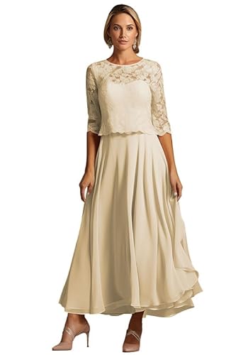 TANPAUL Teelänge Abendkleider Damen Chiffon A-Linie Brautmutterkleider 1/2 Ärmel Festliche Kleider für Hochzeitsgäste Champagner 10 von TANPAUL
