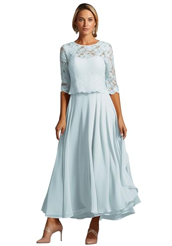 TANPAUL Teelänge Abendkleider Damen Chiffon A-Linie Brautmutterkleider 1/2 Ärmel Festliche Kleider für Hochzeitsgäste Eisblau 14 von TANPAUL