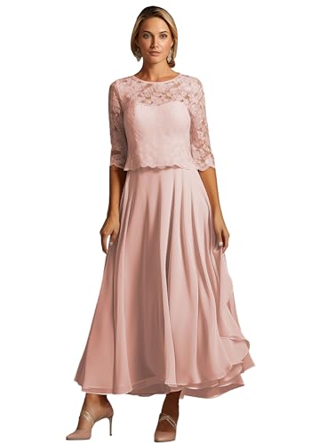 TANPAUL Teelänge Abendkleider Damen Chiffon A-Linie Brautmutterkleider 1/2 Ärmel Festliche Kleider für Hochzeitsgäste Erröten 12 von TANPAUL