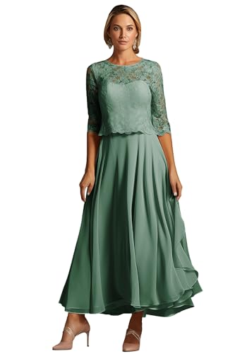 TANPAUL Teelänge Abendkleider Damen Chiffon A-Linie Brautmutterkleider 1/2 Ärmel Festliche Kleider für Hochzeitsgäste Pastellgrün 10 von TANPAUL