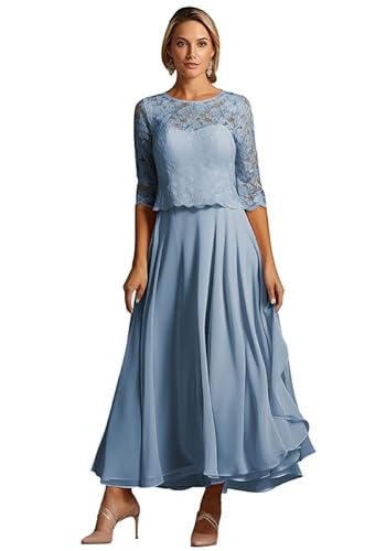 TANPAUL Teelänge Abendkleider Damen Chiffon A-Linie Brautmutterkleider 1/2 Ärmel Festliche Kleider für Hochzeitsgäste Staubiges Blau 12 TANPAUL Teelänge Abendkleider Damen Chiffon A-Linie Brautmutterkleider 1/2 Ärmel Festliche Kleider für Hochzeitsgäste Staubiges Blau 12 von TANPAUL