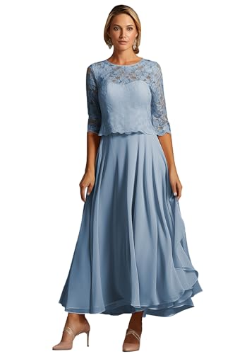 TANPAUL Teelänge Abendkleider Damen Chiffon A-Linie Brautmutterkleider 1/2 Ärmel Festliche Kleider für Hochzeitsgäste Staubiges Blau 8 von TANPAUL