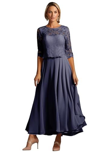 TANPAUL Teelänge Abendkleider Damen Chiffon A-Linie Brautmutterkleider 1/2 Ärmel Festliche Kleider für Hochzeitsgäste Stürmisch 12 von TANPAUL