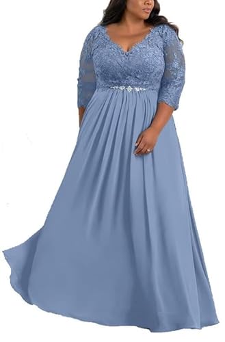 TANPAUL V-Ausschnitt Brautmutterkleider Spitze Applikationen Chiffon Gastkleider Abendkleid Staubiges Blau 52 von TANPAUL