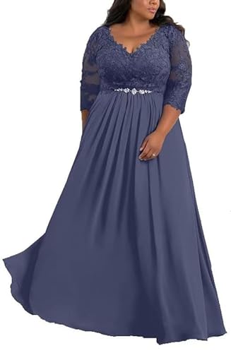 TANPAUL V-Ausschnitt Brautmutterkleider Spitze Applikationen Chiffon Gastkleider Abendkleid Stürmisches Blau 42 von TANPAUL