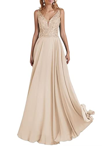 TANPAUL Brautjungfernkleider Chiffon V-Ausschnitt Abendkleid A-Linie Spitzen Elegant Lang Partykleid Ballkleid mit Perlen Champagner 44 von TANPAUL