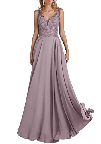 TANPAUL V-Ausschnitt Chiffon Brautjungfernkleid A-Linie Spitzen Abendkleid mit Perlen Mauve 40 von TANPAUL