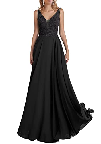 TANPAUL Brautjungfernkleider Chiffon V-Ausschnitt Abendkleid A-Linie Spitzen Elegant Lang Partykleid Ballkleid mit Perlen Schwarz 34 von TANPAUL