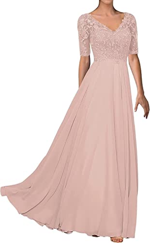 TANPAUL V-Ausschnitt Spitze Chiffon Brautmutterkleider 1/2 Ärmel Abendkleid Festkleid Altrosa 50 von TANPAUL