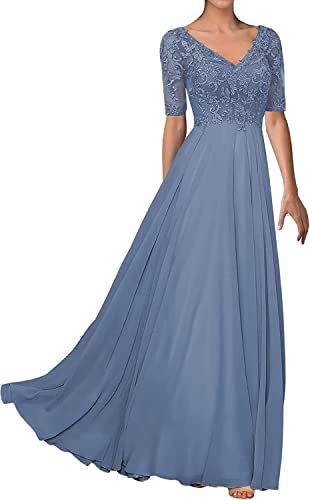 TANPAUL V-Ausschnitt Spitze Chiffon Brautmutterkleider 1/2 Ärmel Abendkleid Festkleid Grau-blau 48 von TANPAUL