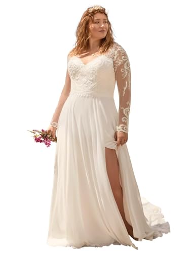 TANPAUL V-Ausschnitt Spitzen Brautkleid Standesamt Boho Langarm Hochzeitskleid Chiffon Grosse Grössen Brautkleider A-Line Weiß 46 von TANPAUL