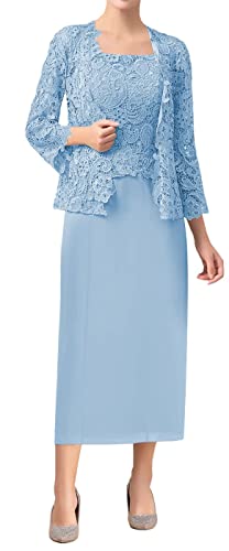 TANPAUL Spitzen Chiffon Brautmutterkleider mit Jacke Zweiteilig Langarm Festkleider Hell blau 46 von TANPAUL