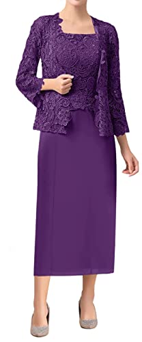 TANPAUL Spitzen Chiffon Brautmutterkleider mit Jacke Zweiteilig Langarm Festkleider Violett 58 von TANPAUL