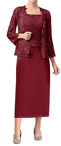 TANPAUL Spitzen Chiffon Brautmutterkleider mit Jacke Zweiteilig Langarm Festkleider Weinrot 36 von TANPAUL