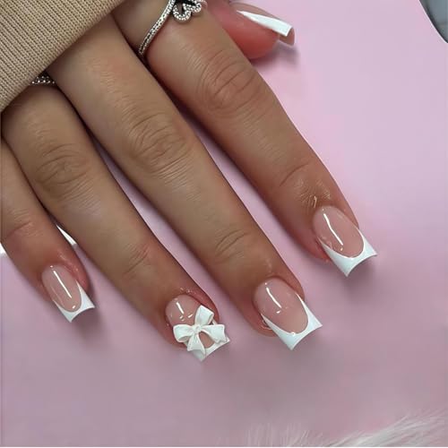TANSAR 24 Stück Press on Nails, Kurz Pink French Fake Nails Weiß Tip, Künstliche Nägel mit Schleife für Frauen von TANSAR