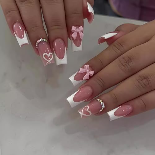 TANSAR 24 Stück Press on Nails, Mittel Pink French Fake Nails Weiß Tip, Künstliche Nägel mit Strass Schleife für Frauen und Mädchen von TANSAR