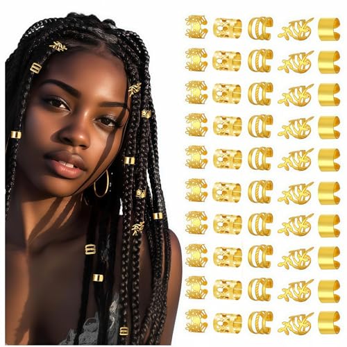TANSAR 50 Stück Gold-Haarschmuck, Dreadlocks Schmuck, Metall Haarperlen Clips Haar Accessoire, Haarschmuck für Frauen und Männer von TANSAR