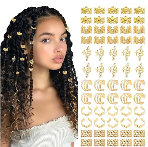 TANSAR 60 Stück Gold-Haarschmuck, Dreadlocks Schmuck, Metall Haarperlen Clips Haar Accessoire, Haarschmuck für Frauen und Männer von TANSAR