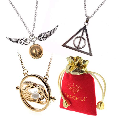 TANSHOP Friendship Halskette Set -3 Stück Cosplay Anhänger Halsketten Heiligtümer des Todes Goldener Schnatz und Roating Time Turner Halskette mit weißen San for Cosplay von TANSHOP