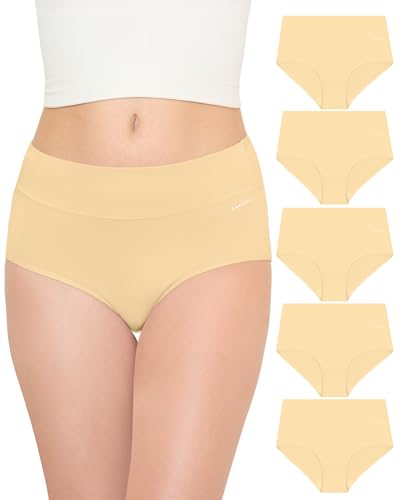 Baumwoll Unterwäsche Damen Hohe Taille Slip Damen Atmungsaktiv Unterwäsche Frauen High Waist Unterhosen Cotton Underwear Women Stretch Taillenslip Weich Damenunterwäsche, Hautfarbe 5er Pack L von TANSTC