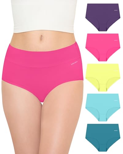 Baumwoll Unterwäsche Damen Slip Atmungsaktiv Unterwäsche Frauen High Waist Unterhosen Pantys Stretch Taillenslip Damenunterwäsche, Dunkellila/Pink/Zitronengrün/Seeblau/Seeblau, 5er Pack S von TANSTC