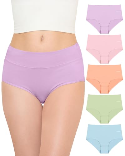 Slip Baumwolle Unterhosen Damen Hohe Taille Unterwäsche Frauen Atmungsaktiv Panties Stretch Damen-Unterhosen, Hellblau/Apfelgrün/Hellrosa/Krebsrosa/Helllila, 5er Pack XXL von TANSTC