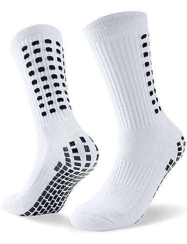 TANSTC Grip Socken Fussball Herren Damen, Atmungsaktiv Rutschfest Football Socks Unisex, Anti Rutsch Fußball Sneaker Socken Sportsocken Für Basketball Yoga Wandern Laufen, 1 Paar Weiß 39-42 43-46 von TANSTC