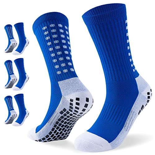 TANSTC Rutschfest Wandersocken Herren Damen, Outdoor Sport Elastische Tape Design Fussballsocken Sportsocken, Atmungsaktiv Grip Socken Fussball Männer, Winter Soccer Football Socks, 3 Paar Blau 39-46 von TANSTC