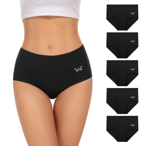 Unterhosen Damen Große Größen Baumwoll Unterwäsche Frauen Stretch Damen Slips Mehrpack Atmungsaktiv Pantys Hipster High Waist Taillenslip Underwear Women, Schwarz 5er Pack 4XL von TANSTC