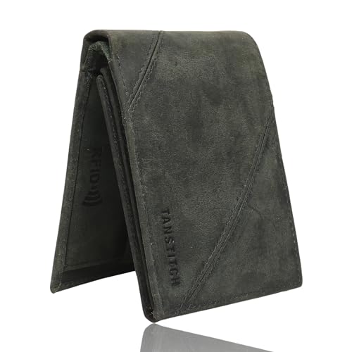 TANSTITCH RFID Geschütztes Vollnarbenleder Herren Bifold Wallet/Pars Compact Size 1 Stück, grün, Free Size, Standard von TANSTITCH