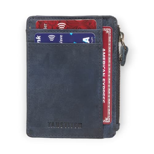 TANSTITCH RFID-geschütztes Vollnarbenleder Herren Bifold Uni Kartenhalter Pars mit Knopfverschluss Kompakte Größe 1 Stück, blau, Free Size, Standard von TANSTITCH