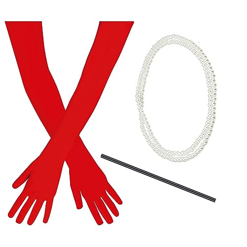 TANTAKO Lange rote Handschuhe Kostüm Set Kostüm Halter Perlenperlen 1920er Jahre Zubehör (Rot) von TANTAKO